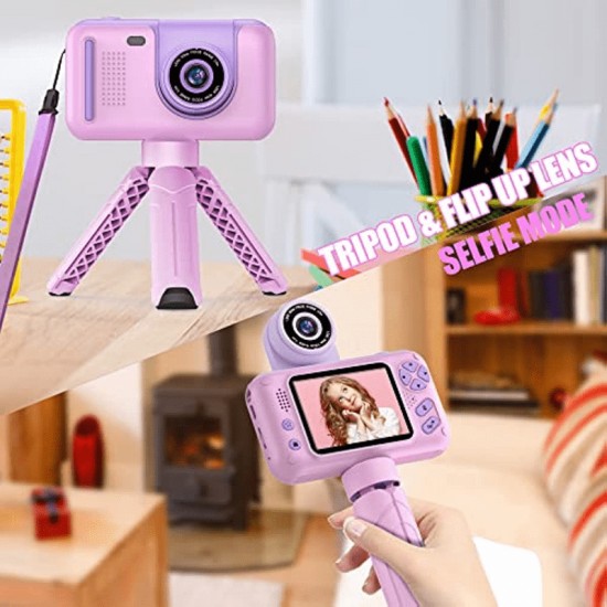 Kids Camera With Flip-up Lens For Selfie, HD Digital Camera For 3 4 5 6 7 8 Year Old Girls Birthday Gifts With 32GB SD Card