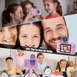 Kids Camera With Flip-up Lens For Selfie, HD Digital Camera For 3 4 5 6 7 8 Year Old Girls Birthday Gifts With 32GB SD Card